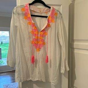 Lilly Pulitzer Amelia Island Tunic Top, Embroidered Shells, White Pink Orange